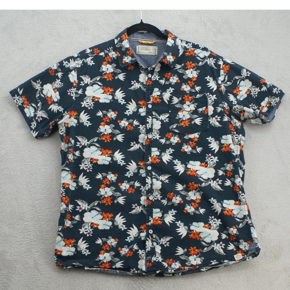 Free Planet Mens L Hawaiian Shirt Blue Floral Tropical Cotton Button Up Aloha